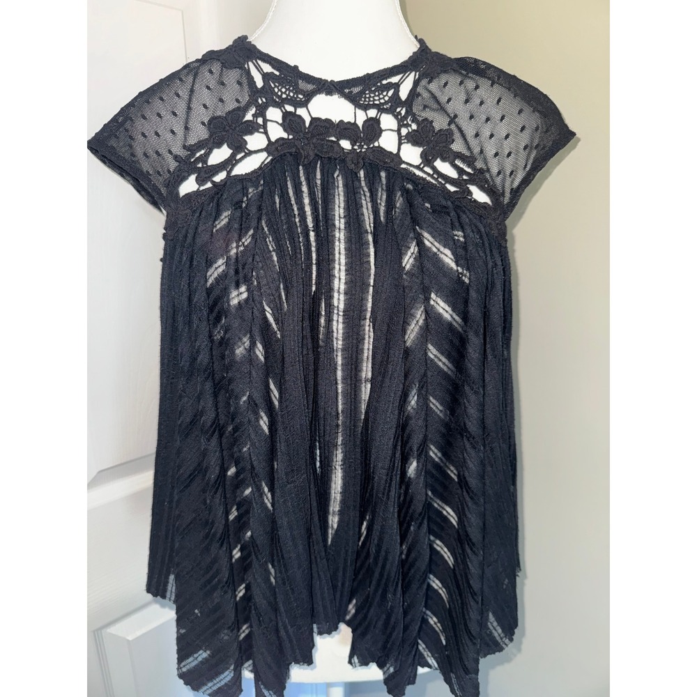Free People Stars Align Black Sheer Lace Swing Boho Top Fringe Hem XS Whimsical